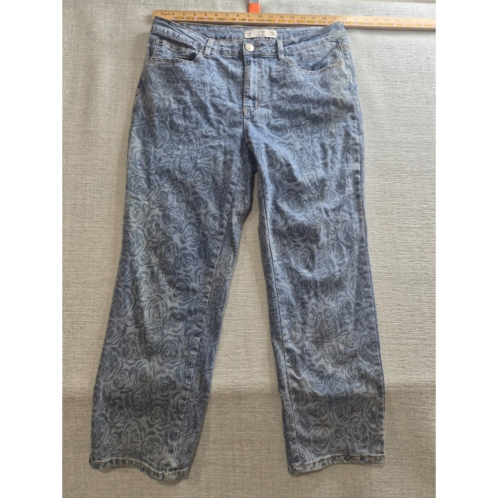 New Max Jeans Womens 14 Blue Denim Allover Rose Print Medium Wash Straight Leg